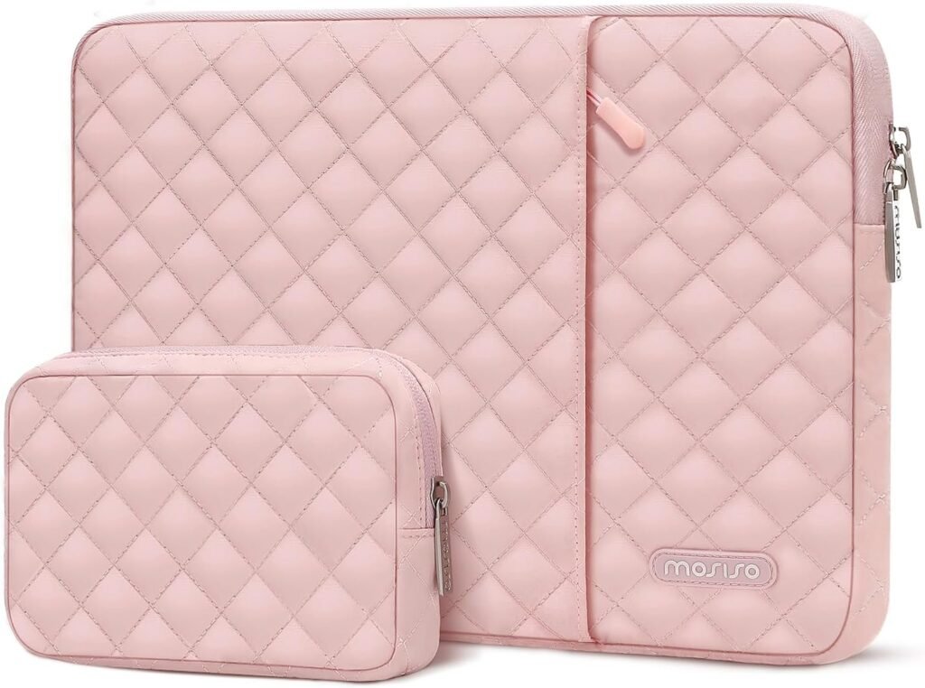 MOSISO Laptop Sleeve Compatible with MacBook Air/Pro, 13-13.3 inch Notebook, Compatible with MacBook Pro 14 inch M3 M2 M1 2024-2021, Square Quilted Vertical Bag with PocketSmall Case, Chalk Pink