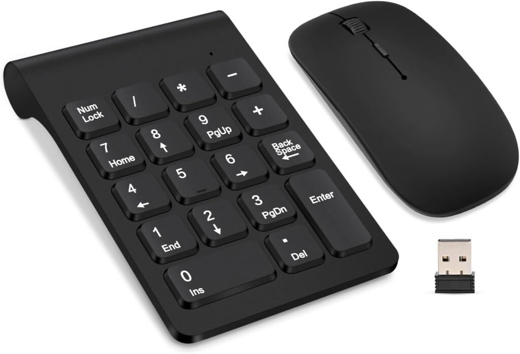 Wireless Numeric Keypad, TRELC Mini 2.4G 18 Keys Number Pad, Portable Silent Financial Accounting Numeric Keypad Keyboard Extensions with Wireless Mouse for Laptop, PC, Desktop, Notebook(Black)